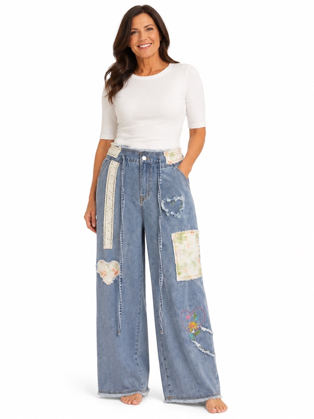 POL Light Blue Wide-Leg Patchwork Jeans with Heart Appliqués